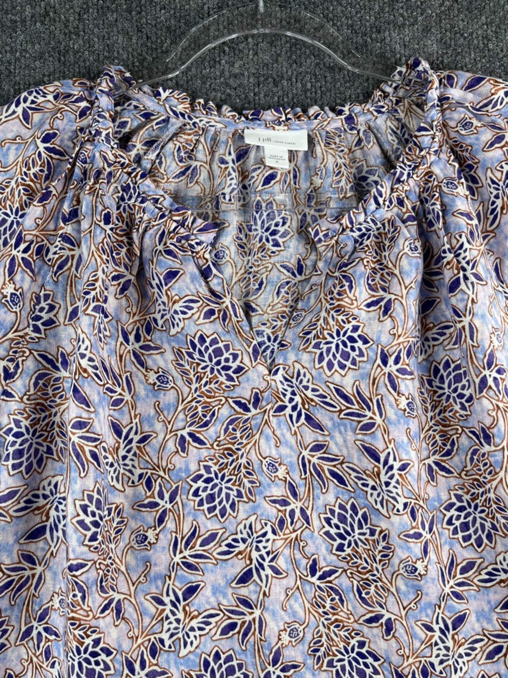 J. Jill Love Linen Floral Peasant Pop Over Blouse Blue and Purple on Tie Dye
